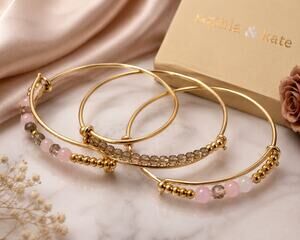 Sophia & Kate Gold Beaded Bangle Bracelet Set of 3 Pink Crystal Stackable NWT